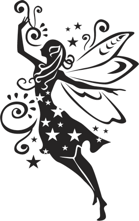 png image in silhouette of delicate fairy, facing left and looking upwards towards her outstretched hand.