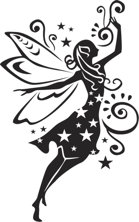 png image in silhouette of delicate fairy, facing right and looking upwards towards her outstretched hand.